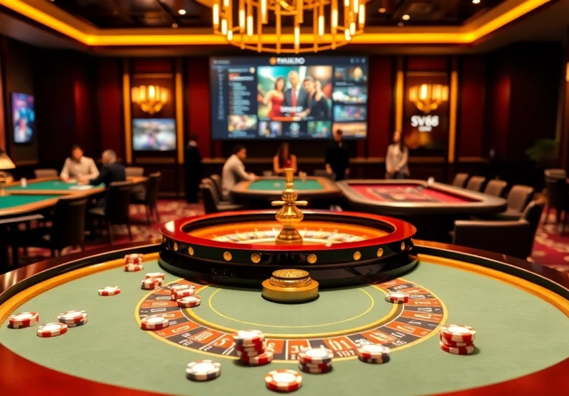 Engaging gambling scene at nhà cái sv66 with poker chips and roulette, vibrant and professional.