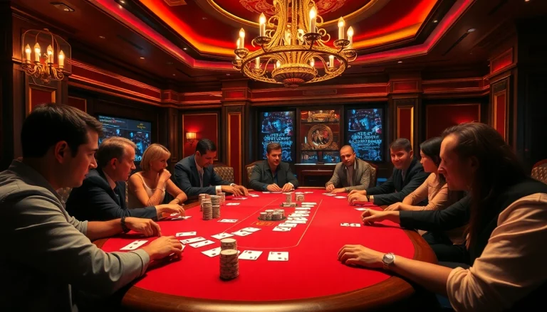 Players enjoying an exciting poker game at a 12bet casino table, surrounded by luxurious decor.