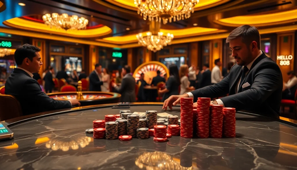 Hello88 sets the stage for excitement at a high-stakes poker table filled with vibrant chips and cards.