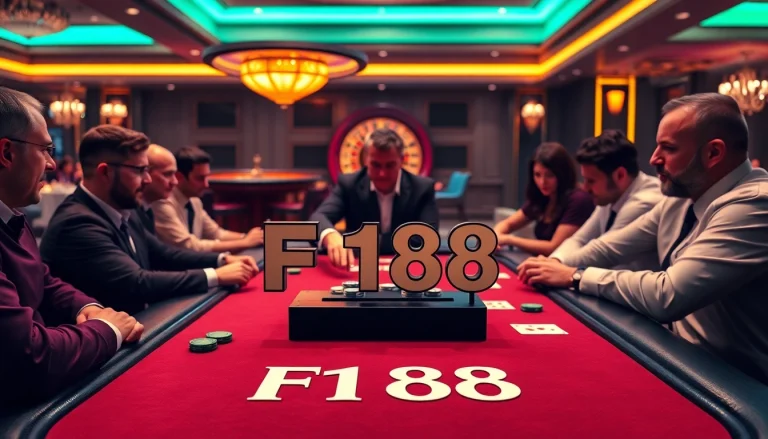 F168 poker table scene capturing thrilling players engaged in a professional game.