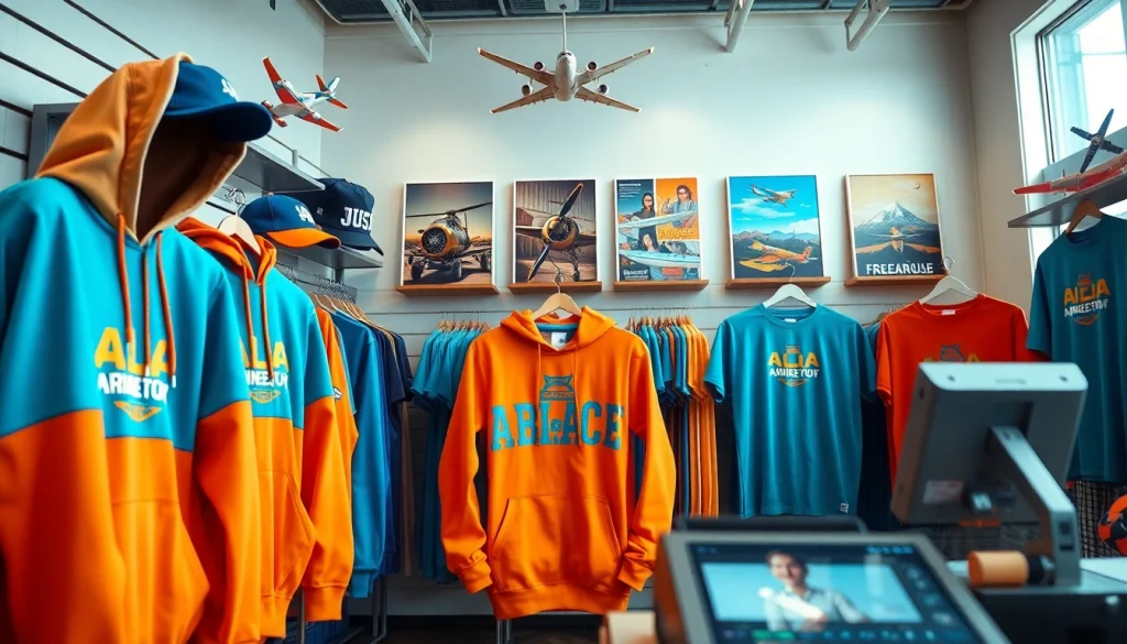 FLY88 aviation-inspired apparel showcasing vibrant clothing in an inviting shop.