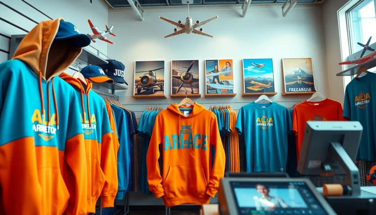 FLY88 aviation-inspired apparel showcasing vibrant clothing in an inviting shop.