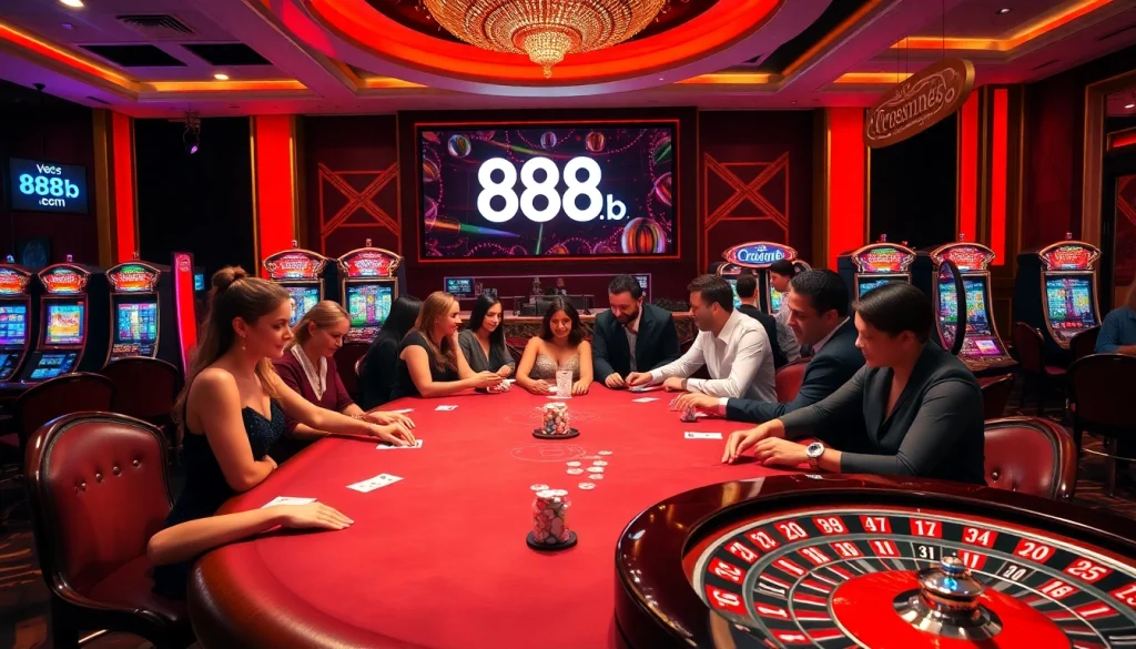 Experience excitement at 888b. com with vibrant casino tables, cards, and players enjoying games.
