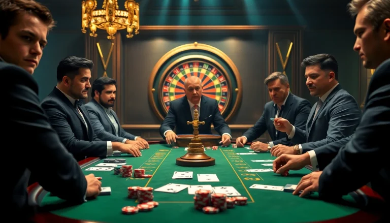 F8BET players passionately engaged in a poker game at a luxurious casino table.