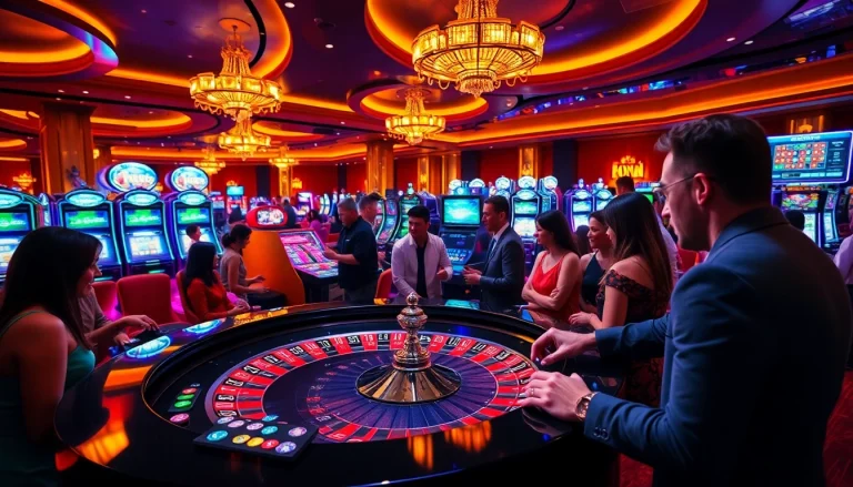 Experience the excitement of 78 vin casino games with players betting at roulette tables and slot machines.