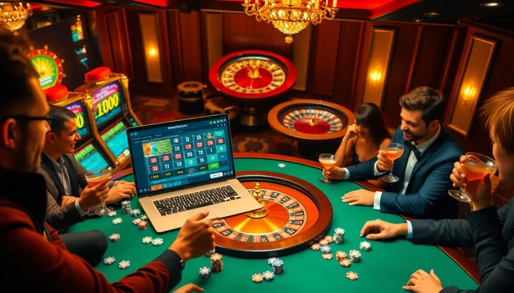 A dynamic gambling scene at https://kuwinzhz.com/ featuring players at a roulette table amidst vibrant slot machines.