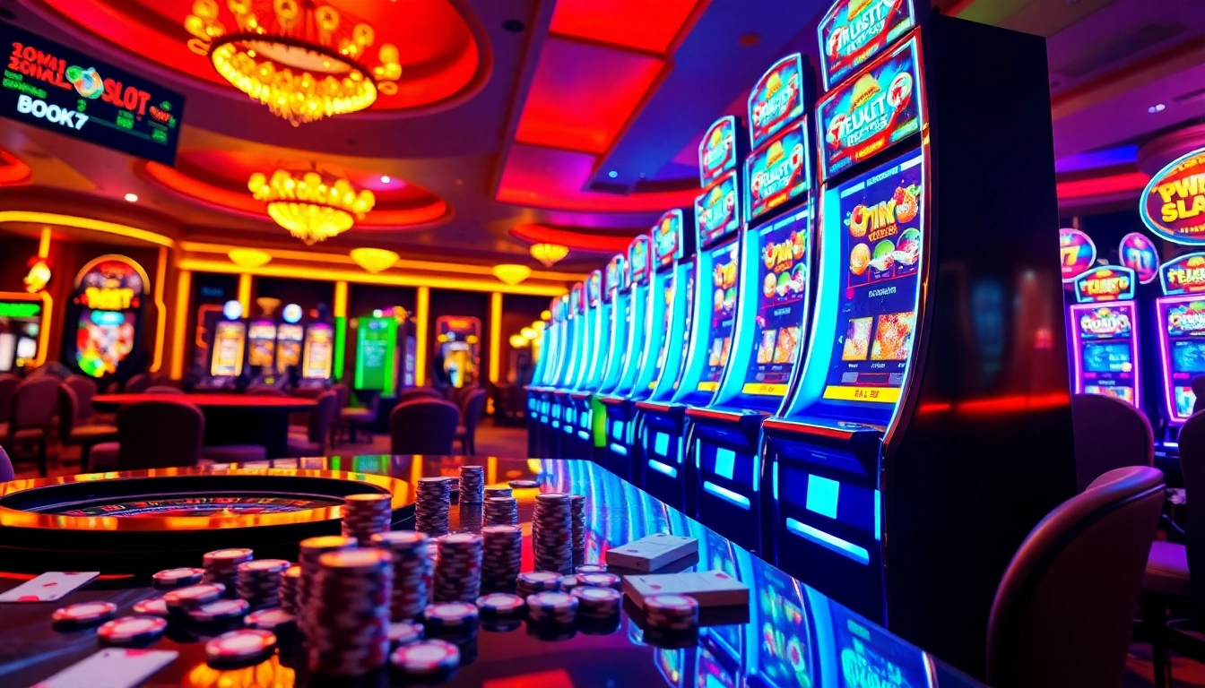 Exciting gameplay at a Situs Slot Terpercaya featuring vibrant slot machines and poker chips.
