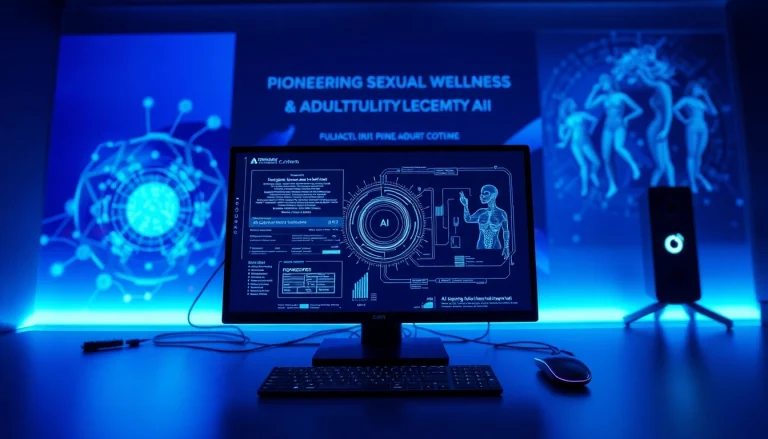An innovative digital workspace illustrating the concept of porn ai with high-tech screens and ambient lighting.