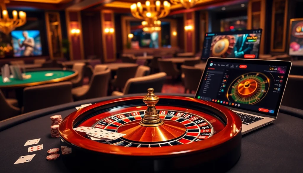 Experience the thrill of betting at nhà cái go8 with a luxurious casino scene featuring poker tables and roulette.