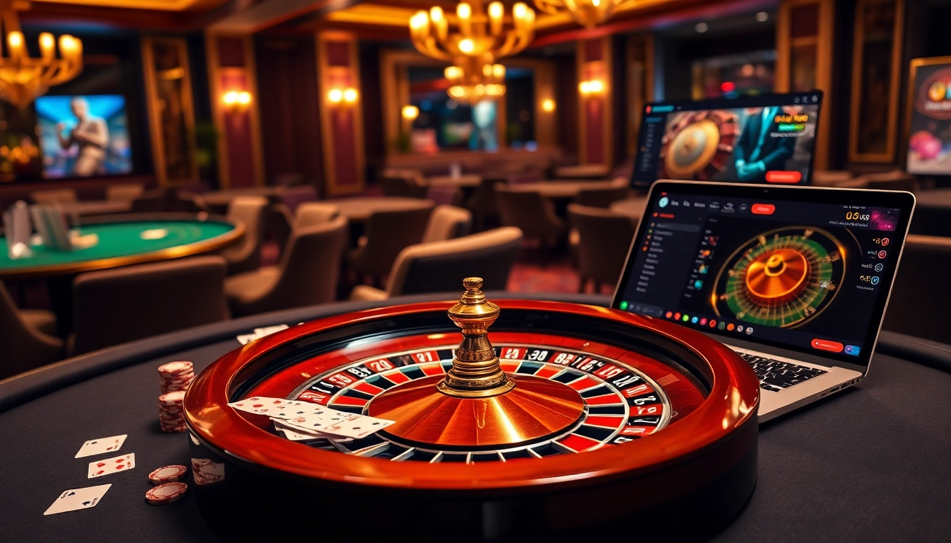 Experience the thrill of betting at nhà cái go8 with a luxurious casino scene featuring poker tables and roulette.