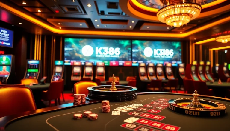Exciting gaming scene at Nhà cái OK8386 showcasing poker chips, roulette wheel, and vibrant casino interface.