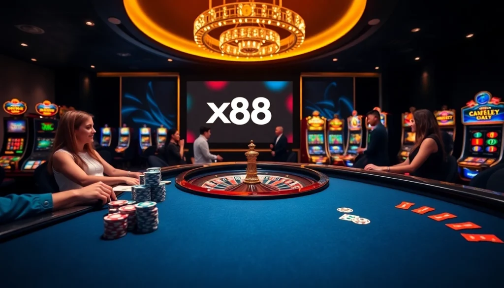 Players enjoying a thrilling game at xx88 online casino table with poker chips and cards.