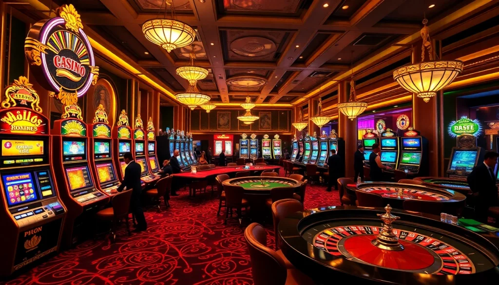 Players experiencing the thrilling atmosphere of rr88.com casino with vibrant tables and slot machines.