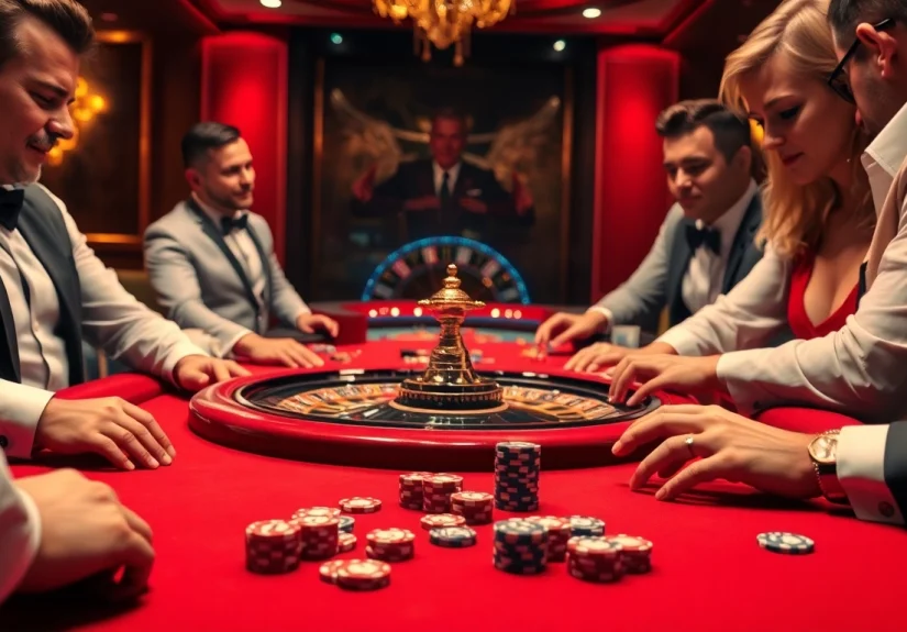 Professional gamblers playing at the F 168 casino table with vibrant chips and exciting atmosphere.