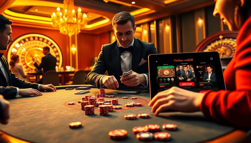 Exciting poker game at https://vnew88.vip/ with cascading chips and a professional dealer.