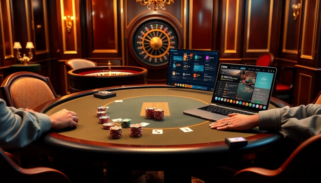 Players strategizing at the EV88 poker table amidst a luxurious casino atmosphere.