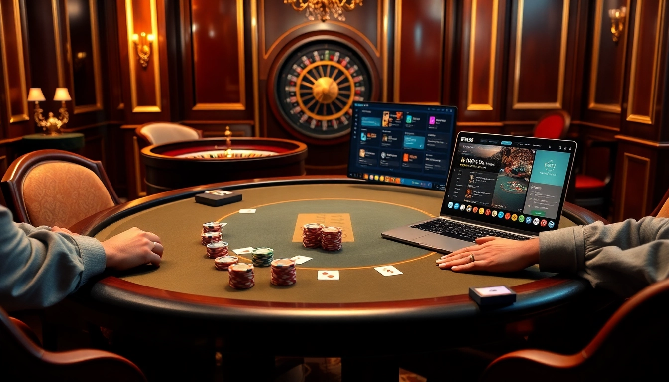 Players strategizing at the EV88 poker table amidst a luxurious casino atmosphere.