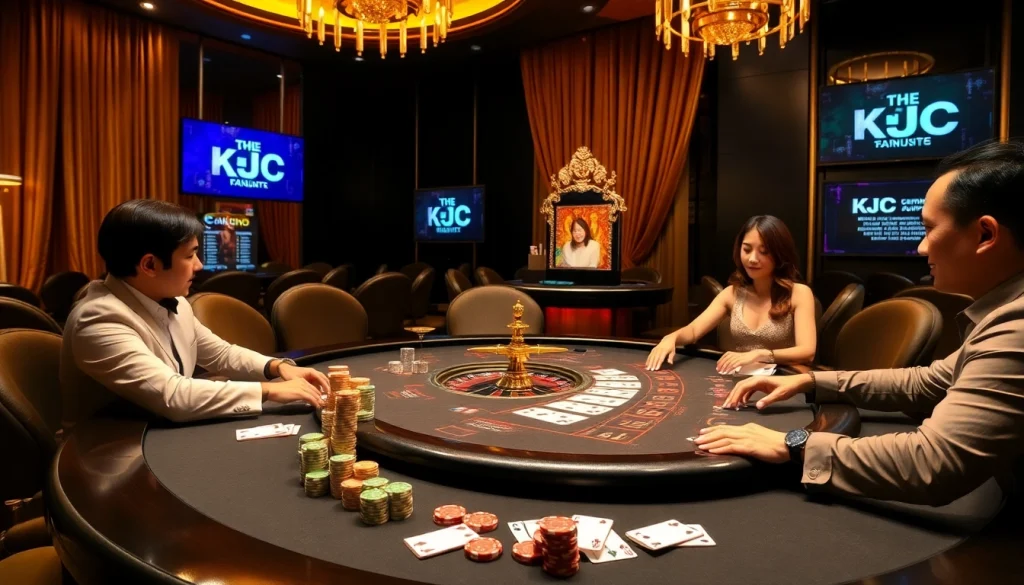 KJC members engaging in a thrilling poker game at an elegant casino table, showcasing excitement and luxury.