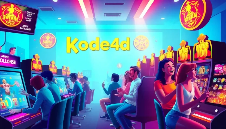 Kode4d link illustrated scene of diverse players enjoying vibrant online slot games.