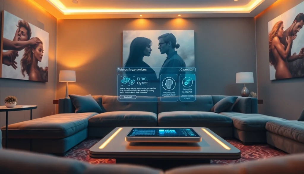 Innovative AI technology exploring relationships and intimacy in a futuristic setting, showcasing sex AI.