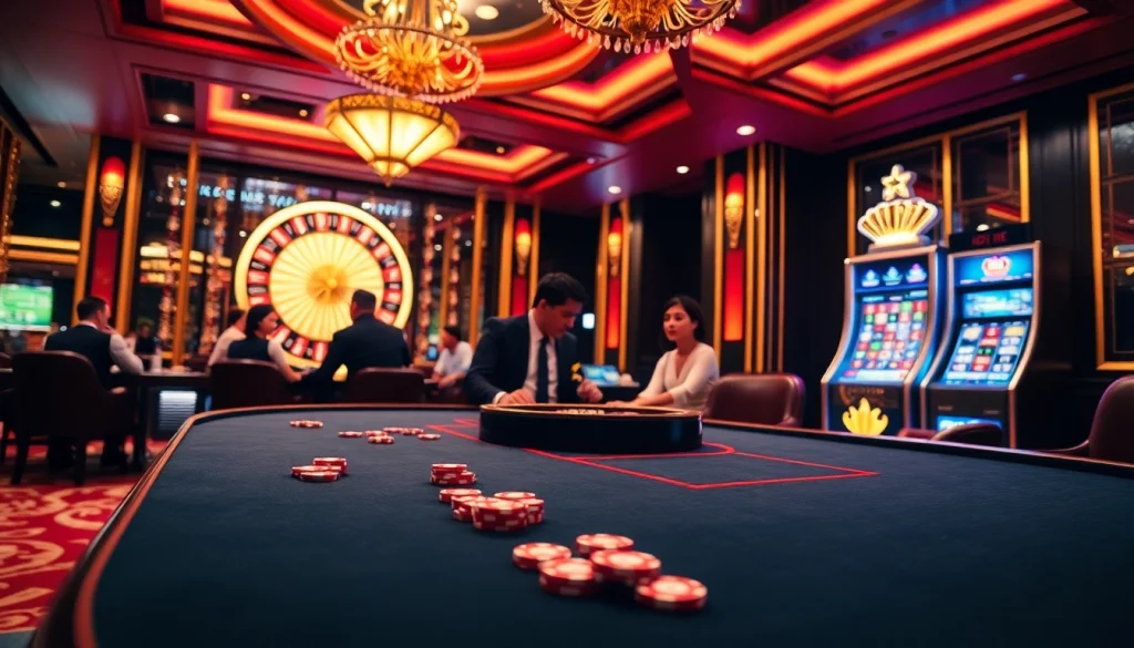 Experience the excitement of QQ888 with players at a vibrant casino table surrounded by dynamic gaming elements.