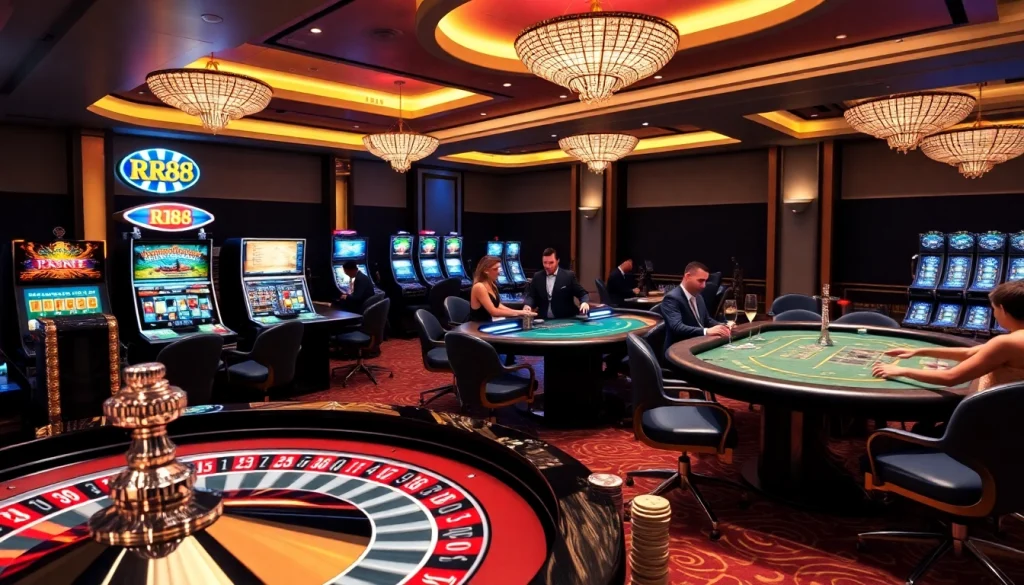 Players enjoying RR88's luxurious casino experience with roulette and poker at premium tables.
