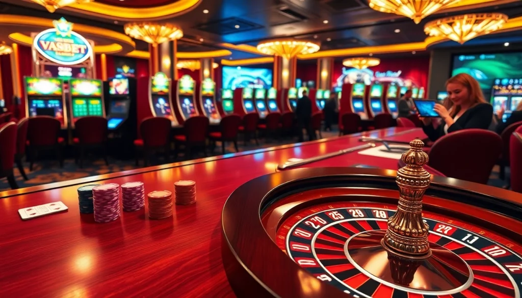 Players enjoying the vibrant VSBET casino experience with poker and slot machines.