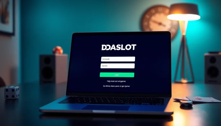 DOASLOT login page on a laptop, inviting online gaming atmosphere, vibrant colors.
