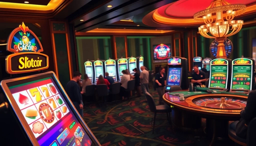 Engaged players enjoying Slot Gacor machines in a luxurious casino atmosphere, showcasing vibrant games.