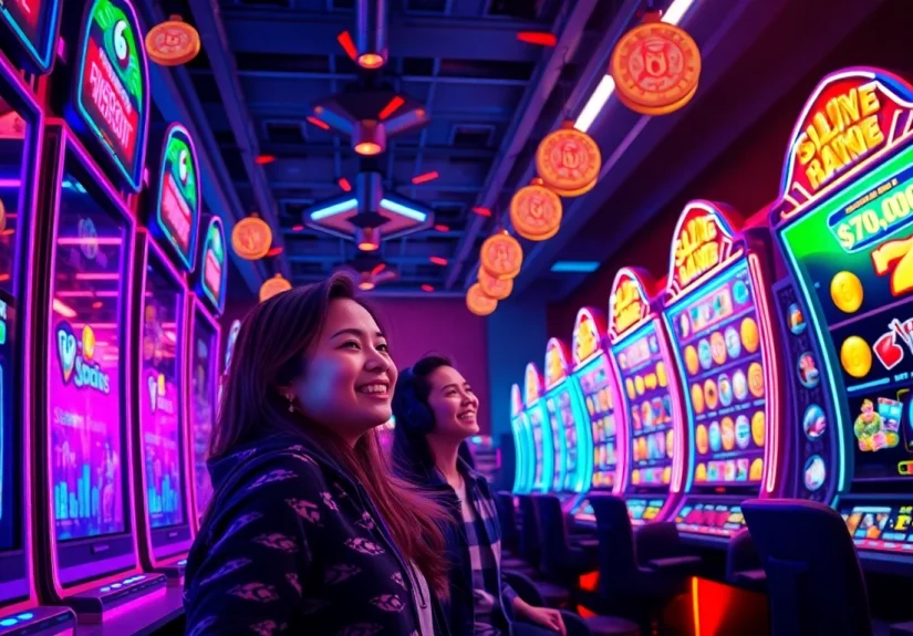 Experience the excitement of hoki138 pro with gamers enjoying thrilling slot games and vibrant visuals.