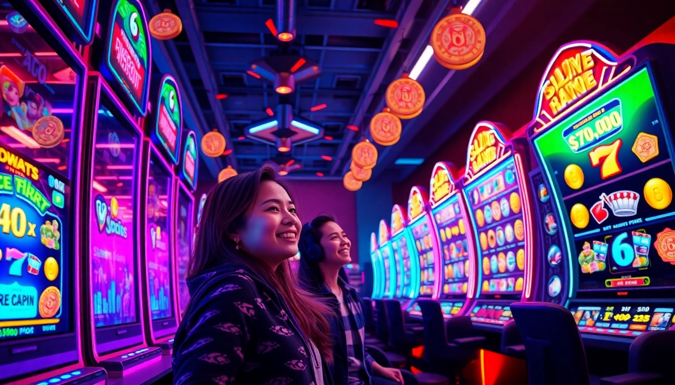 Experience the excitement of hoki138 pro with gamers enjoying thrilling slot games and vibrant visuals.