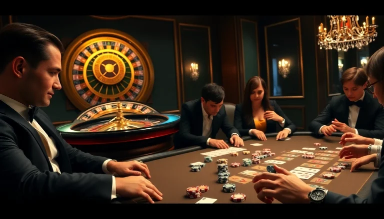 Experience the thrilling gameplay at Sky88 là gì with a glamourous casino scene showcasing intense poker strategy and excitement.