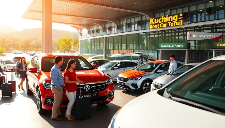 Kuching rent car services displayed at the airport with travelers and rental vehicles in a vibrant setting.