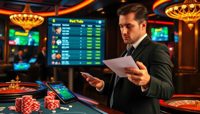 Analyzing odds with a betting slip while focusing on nhận định kèo nhà cái in a luxurious casino setting.