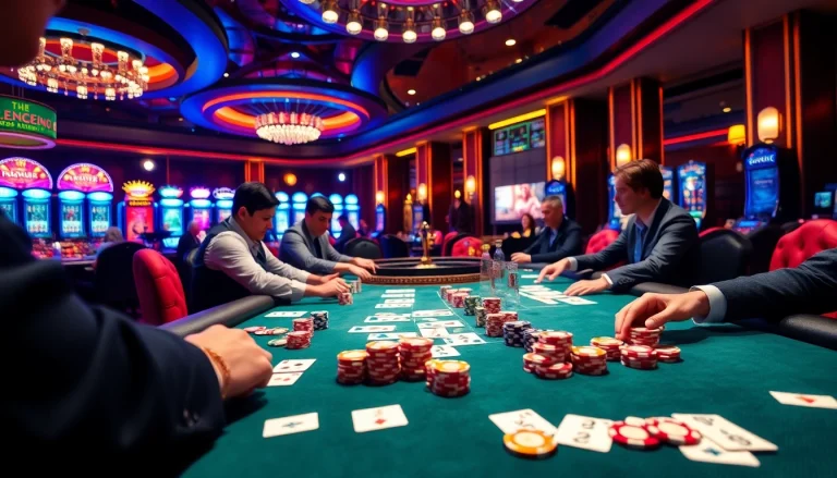 Players enjoying intense poker action at https://king88b.us.com/ with chips and cards in focus.