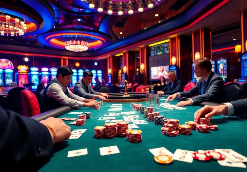 Players enjoying intense poker action at https://king88b.us.com/ with chips and cards in focus.