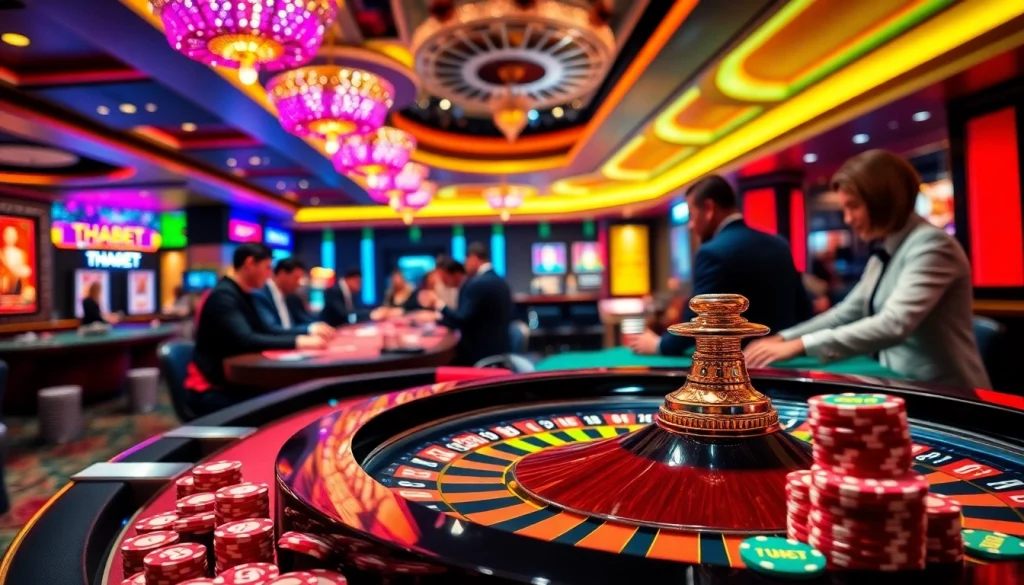 THABET offers thrilling casino gameplay with vibrant roulette and lively players at the table.