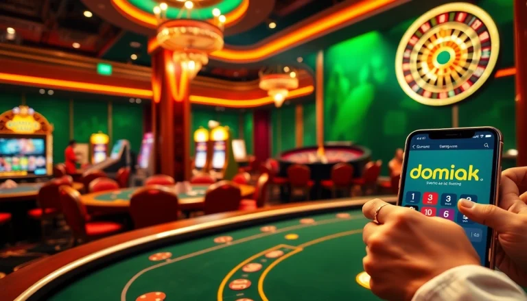 Experience the thrilling online games at dom88.us.com with vibrant casino visuals showcasing poker and slot machines.