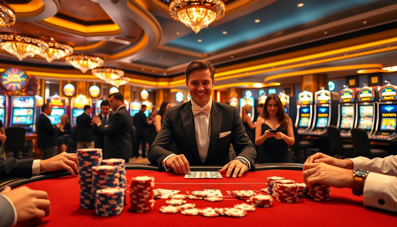 SUNWIN poker players engaged in an exciting game of high-stakes gambling, surrounded by luxury.