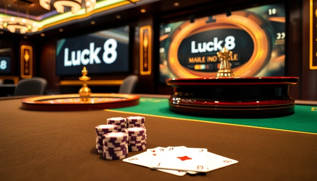 Play at Luck8 with exciting casino tables, poker chips, and thrilling games.
