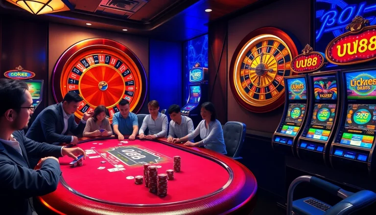 Experience the excitement of uu88 at a vibrant casino with poker tables and roulette wheels.