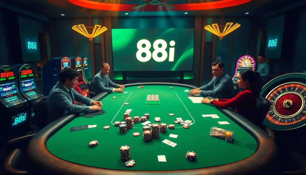 Experience the excitement of 88i at a luxurious casino with poker tables and vibrant slot machines.