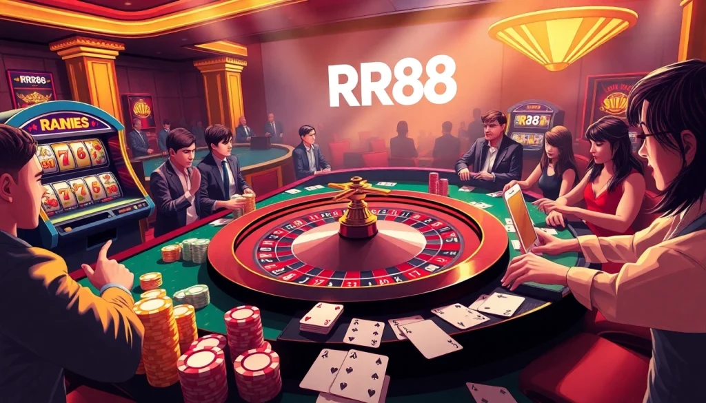 Engage with RR88's thrilling casino scene featuring high-stakes roulette and vibrant poker chips.