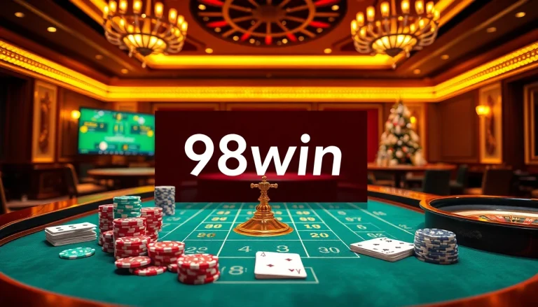 Players enjoying a thrilling moment at the 98win casino table with vibrant chips and cards.