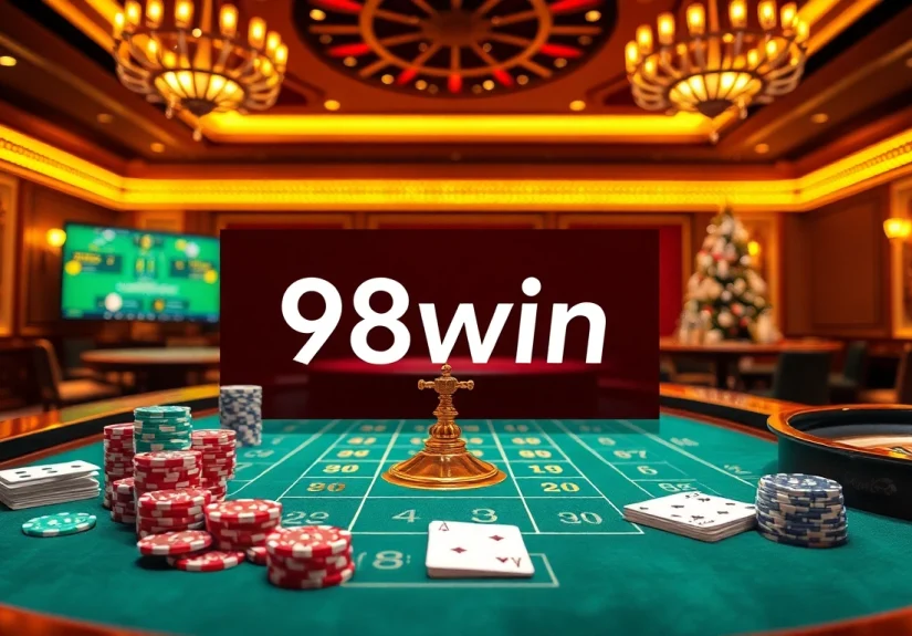 Players enjoying a thrilling moment at the 98win casino table with vibrant chips and cards.