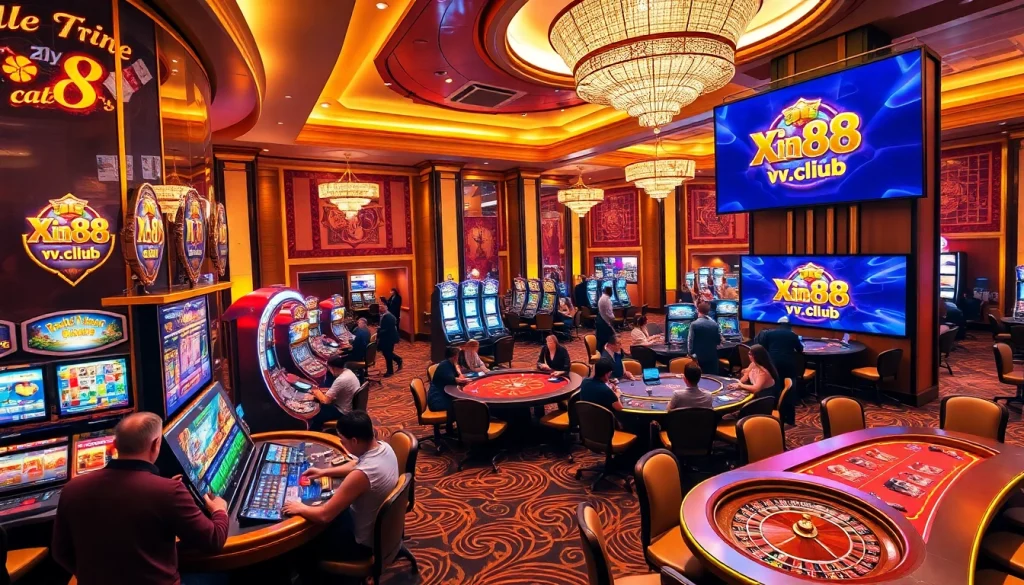 Exciting gaming scene at xin88hv.club featuring slot machines, roulette, and poker tables.