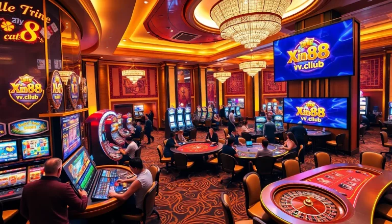 Exciting gaming scene at xin88hv.club featuring slot machines, roulette, and poker tables.