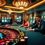 E2bet players enjoying an electrifying game at a luxurious casino table with vibrant poker chips.