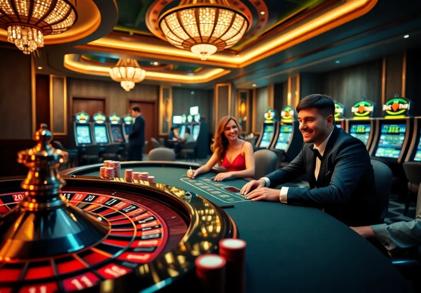 E2bet players enjoying an electrifying game at a luxurious casino table with vibrant poker chips.