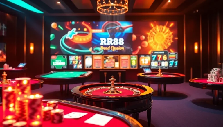Experience the excitement of RR88 with vibrant online gaming visuals, including poker chips and roulette.